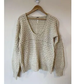 Free People Chunky Knit Boho Sweater Crotchet Soft Thick Oversized Size Small XS thumbnail 1