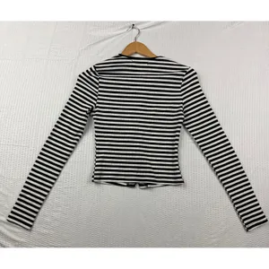 Qinsen Womens Striped Ribbed Knit Button Front Long Sleeve Cardigan Top Black S thumbnail 4