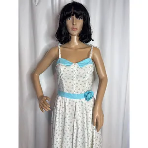 Vintage 1960s White Blue Floral Prairie Maxi Dress XS/S Talon Zip Circular thumbnail 10