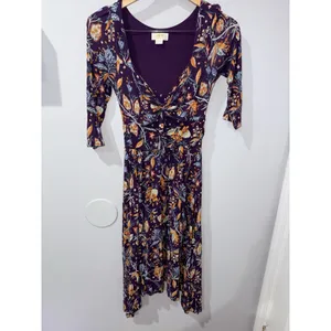Maeve Anthropologie Empire Waist‎ Beloved Purple Floral Dress Midi Size XS Z thumbnail 2