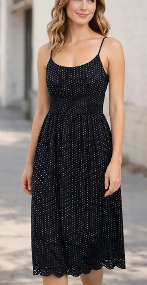 Ann Taylor Black White Polka Dot‎ Midi Dress Eyelet Hem Spaghetti Straps Size 4 thumbnail 1