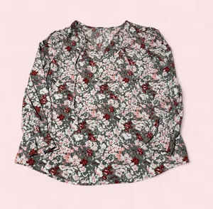 Floral V-Neck Long-Sleeve Blouse in Pink & Green thumbnail 1