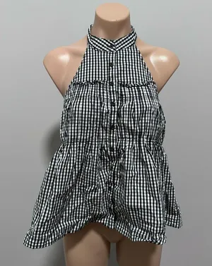 Free People Take It Easy Gingham Halter Top Black White Plaid Small Buttons thumbnail 2