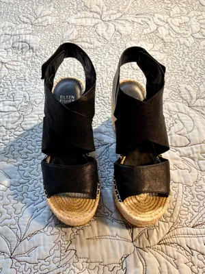 ☀️Eileen Fisher Willow Black Leather Espadrille Wedge Sandals Sz 7.5🧡 thumbnail 11