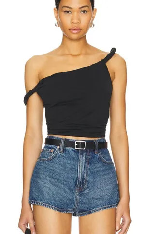 Commense Twisted Off Shoulder Black Ribbed Tank Top Small thumbnail 1