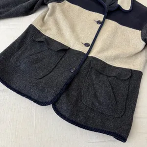 Herman Kay Vintage Women 12 Colorblock Wool‎ Coat Sherpa Collar Navy Grey Beige thumbnail 5