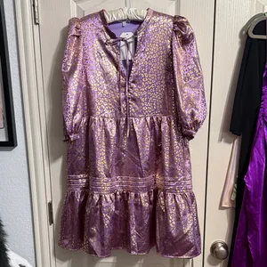 TCEC Metallic Purple Animal Print Puff Sleeve Babydoll Dress Western Boho Glam thumbnail 3