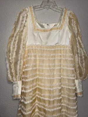 vintage 70s pale yellow maxi dress sheer ruffled tiers and long puff sleeves thumbnail 4