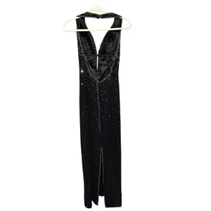 Scala Black Halter Beaded Sequin Maxi Formal Gown Sz L‎ thumbnail 3