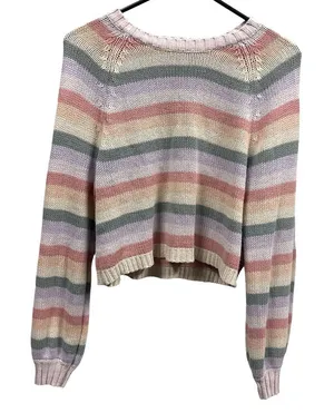 American Eagle Cropped Pastel Rainbow Striped Cotton Acrylic Knit Sweater XS thumbnail 1