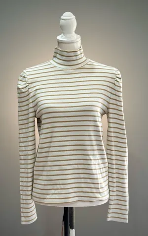 White/Tan J. Crew Puff Sleeve Ribbed Turtleneck Top Size L EUC thumbnail 1