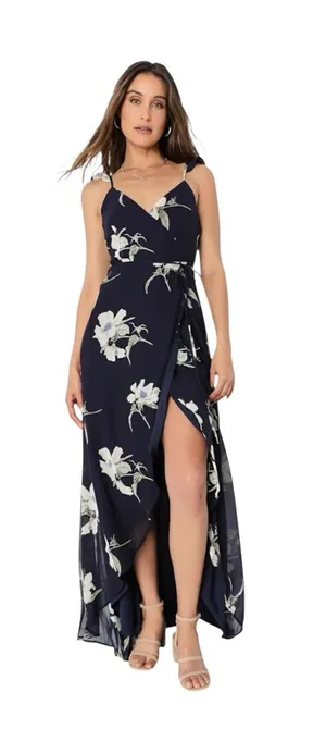 Lulus All Mine Wrap Maxi Dress XXS Navy Blue Floral High Slit Wedding Guest NWT thumbnail 1