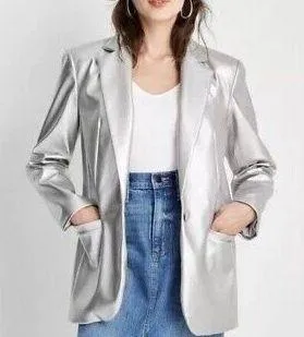 Vigoss Silver metallic faux leather blazer Suit Sleek Jacket Coat Long Sleeve Single One Button-XL #festival #office siren #preppy #avant-garde #corporate Measurement in pics thumbnail 1