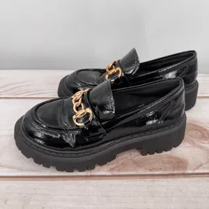 Black Patent Faux Leather Lug Sole Platform Loafers Y2K Inspired Gold Chain 6.5 thumbnail 4