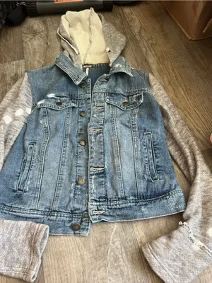 Free People | Distressed Knit Sleeve Denim Jacket S Grunge Hooded‎ Streetwear thumbnail 5