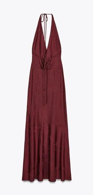 Zara Burgundy maxi Halter open back Dress wedding evening holiday party thumbnail 7