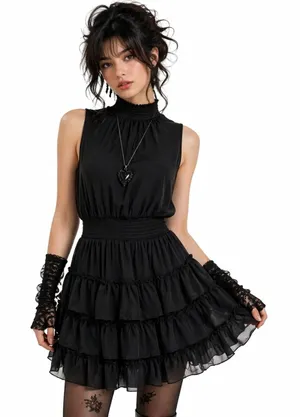 Express Smocked Mock Neck Solid Tiered Ruffle Mini Dress Black Whimsigoth Size S thumbnail 1