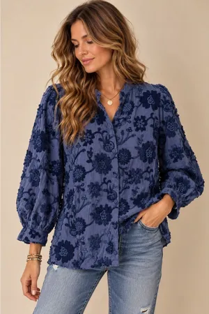 Pilcro Women Blouse M Blue Embroidered Floral Button Down Balloon Sleeve Boho thumbnail 1