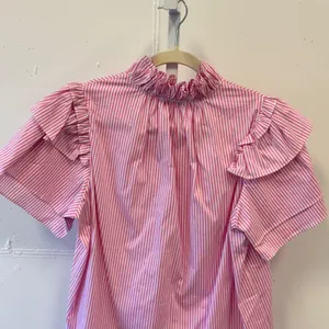 Patty Kim Pink White Striped Ruffle Neck Tiered Sleeve Blouse Medium Boho thumbnail 5