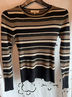 FRAME Metallic Stripe Ribbed Sweater XS Gold Multi Black Wool Blend Crewneck Y2K thumbnail 1