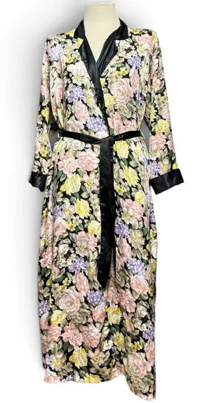 Victoria's Secret Gold Label Vintage Satin Robe Black Pink Purple Floral Small thumbnail 1