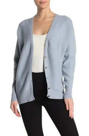 Tahari S V-neck button-down cardigan sweater Ribbed Soft Oversized Knit Blue thumbnail 1