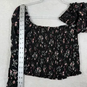 Reformation Black Floral Smocked Crop Top Square Neck Long Sleeve Small thumbnail 4