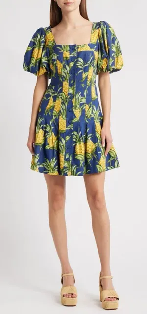 NWT FARM Rio Pineapple Print Linen Blend Minidress thumbnail 1