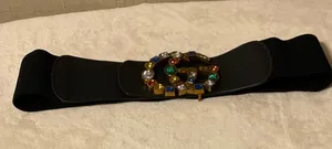 Black Elastic Waist Belt with Jeweled Gold Buckle thumbnail 1