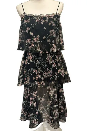 VTG 60-70s Black Chiffon Tiered Midi Dress Pink Floral Coquette Fairy Cottage XS thumbnail 4