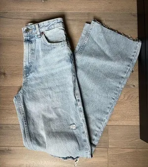 ZARA wide leg high waisted distressed light wash denim jeans thumbnail 1