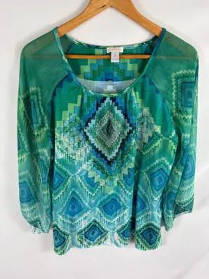 Chicos Green Blue Patterned Blouse Size 2 / Large thumbnail 1