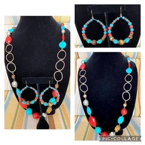 Chunky Turquoise Orange Beaded Rustic Necklace and Earrings Bohemian Jewelry Set thumbnail 2
