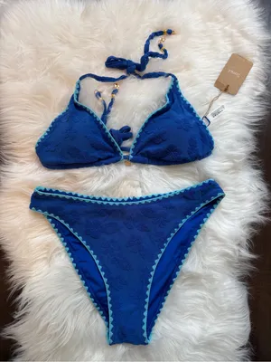 Samiol Blue Textured Triangle Bikini Set with Aqua Trim Size L thumbnail 1