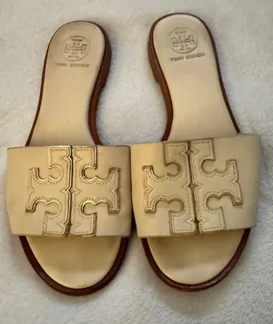 Tory Burch Cream Leather Logo Slide Sandals with Brown Trim size 5.5 thumbnail 1