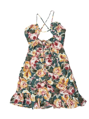 Hello Molly Green Floral Ruched Cut Out Ruffle Hem Mini Dress thumbnail 1