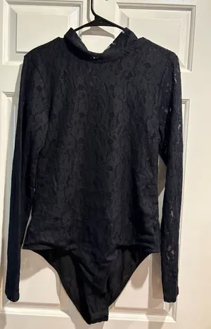 Anthropologie Daily Practice mock neck lace bodysuit top black sz M thumbnail 1