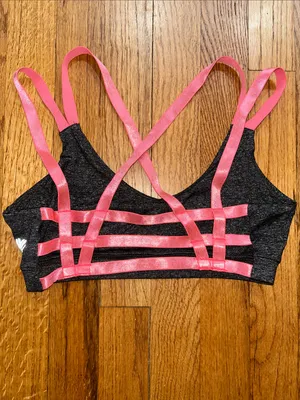 Strappy Sports Bras in heathered slate gray with pink thumbnail 2