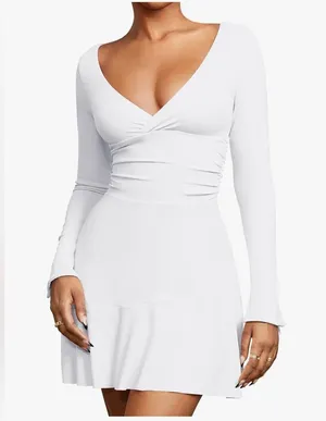 NEW White Long Sleeve Ruched Deep V A-Line Mini Dress XL thumbnail 1