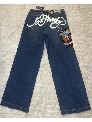 Ed Hardy medium wash embroidered eagle heart tattoo wide leg denim jeans Size 30 thumbnail 8