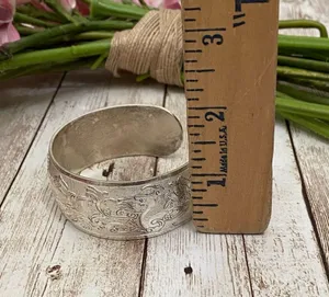 Unsigned Silver-tone Ornate Lotus Flower Peacock 1.25” Open Cuff Bangle Bracelet thumbnail 11