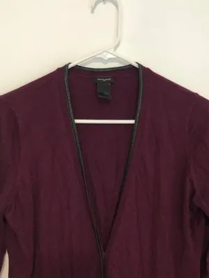 ANN TAYLOR Plum Purple Vegan Faux Leather Trim Button Down Cardigan Sweater M thumbnail 2