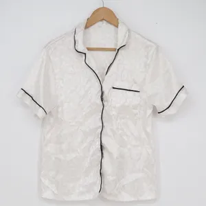 White Leopard Jacquard Satin Pajama Top Short Sleeve Black Piping Small thumbnail 1