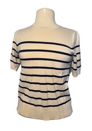 NWT Baltic Born Cream Navy Striped Knit Top Women’s Short Sleeve Sweater Size L thumbnail 1