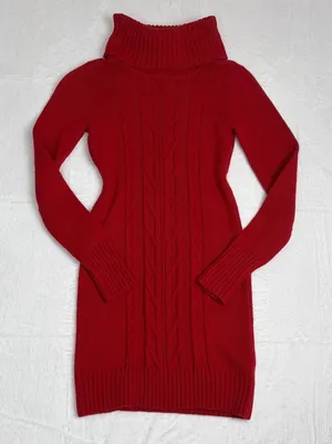 GUESS Cable-Knit Turtleneck Sweater Dress Women's M Red Parisian Holiday Party thumbnail 1
