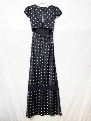 Vestique Mariselle Maxi Dress Polka Dot Lace Puff Sleeve Black White Satin thumbnail 5