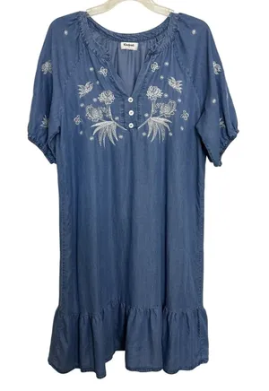 Anthropologie Kindred Chambray Embroidered Denim Mini Dress S Ruffle Hem Prairie thumbnail 1