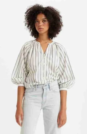 Levi's Blue Nights Stripe Long Sleeves V-Neck Button-Up Blouse Size Petite S b55 thumbnail 1