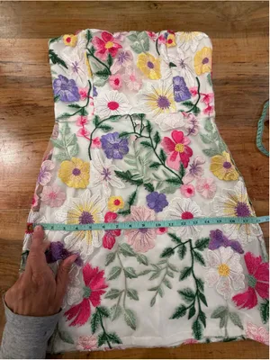 Floral Embroidered Lace Mini Dress Size S Strapless Colorful Mesh Overlay Weddin thumbnail 12