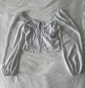 Abercrombie & Fitch White Puff-Sleeve Tie-Front Crop Blouse thumbnail 1